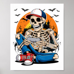 Poster Esqueleto de Halloween Gamer Vídeo Jogos Meninos H