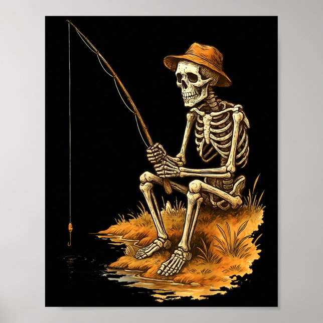 Poster Esqueleto de pesca fantasia engraçada de Halloween (Frente)