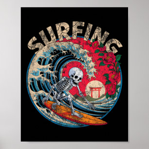 Poster Esqueleto de Surf Vintage Surfista Dia dos Mortos