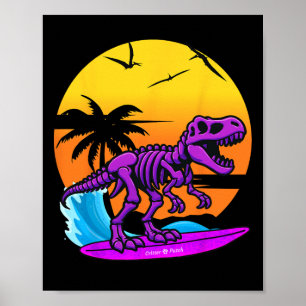 Poster Esqueleto de T-rex Surfando Neon Com Retrospectiva