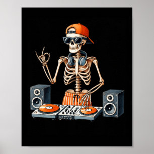 Poster Esqueleto Dj Festa de Halloween Roupas de Turntabl