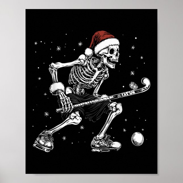 Poster Esqueleto do Papai Noel Jogando Hóquei de Campo Na (Frente)