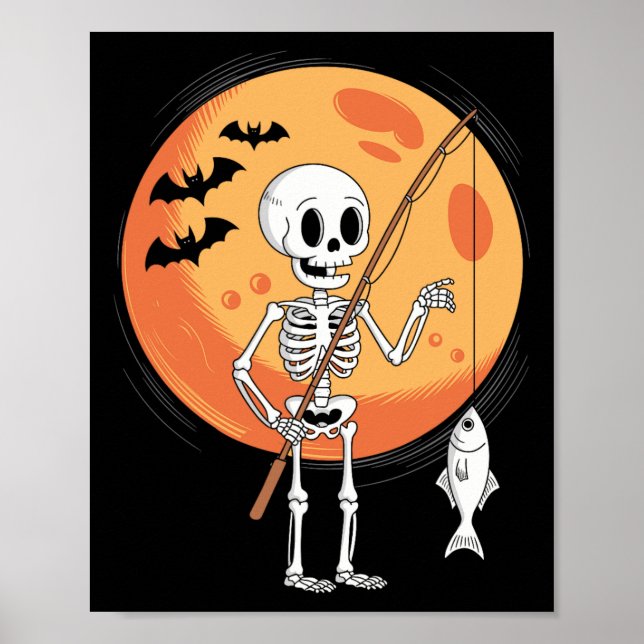 Poster Esqueleto Engraçado Amantes de Pesca Lua Assustado (Frente)