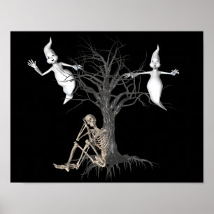 Póster Esqueleto Engraçado E Fantasmas Halloween