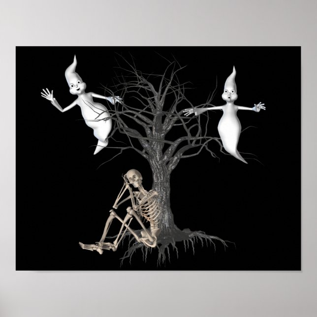 Póster Esqueleto Engraçado E Fantasmas Halloween (Frente)
