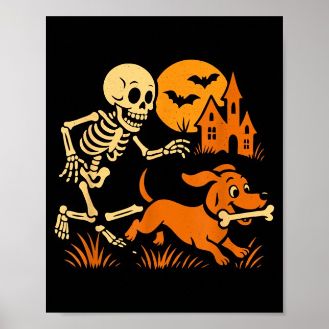 Poster Esqueleto Engraçado Perseguindo Cachorro Dachshund (Frente)