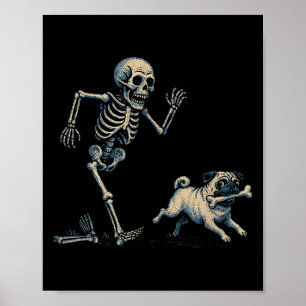Poster Esqueleto Engraçado Perseguindo Cachorro Pug Hallo