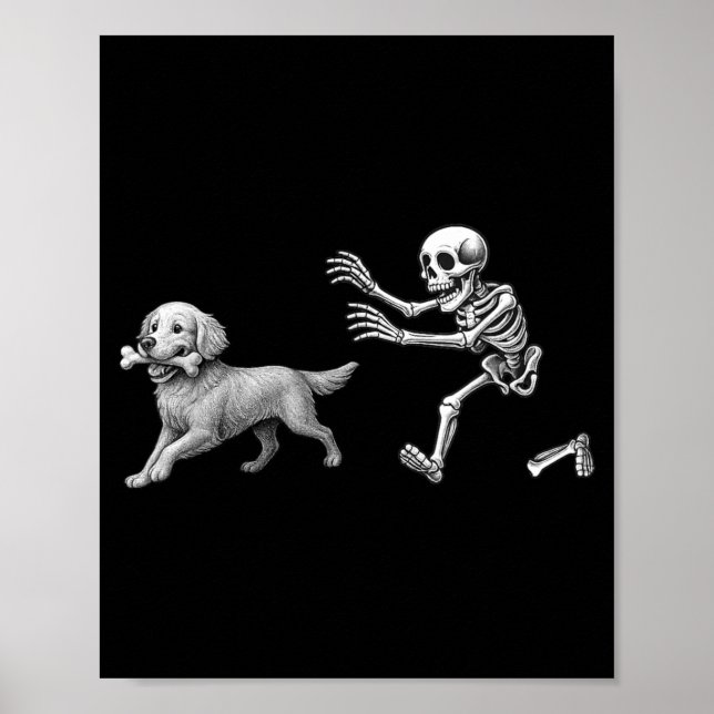 Poster Esqueleto Engraçado Perseguindo o Retriever Dourad (Frente)
