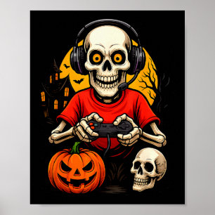 Poster Esqueleto Gamer Jogando Video Games Halloween Espa