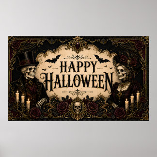 Poster Esqueleto Gótico Vitoriano Rosa Negra Halloween
