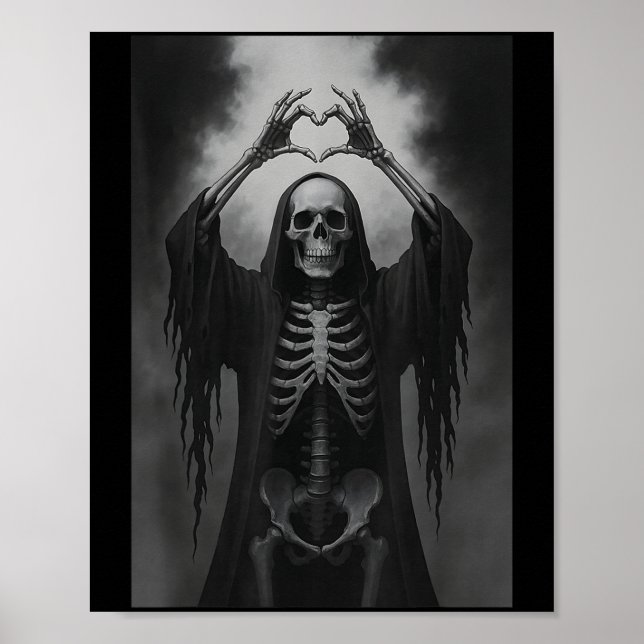 Poster Esqueleto Mãos Sinal de Coração Rosto Assustador R (Frente)