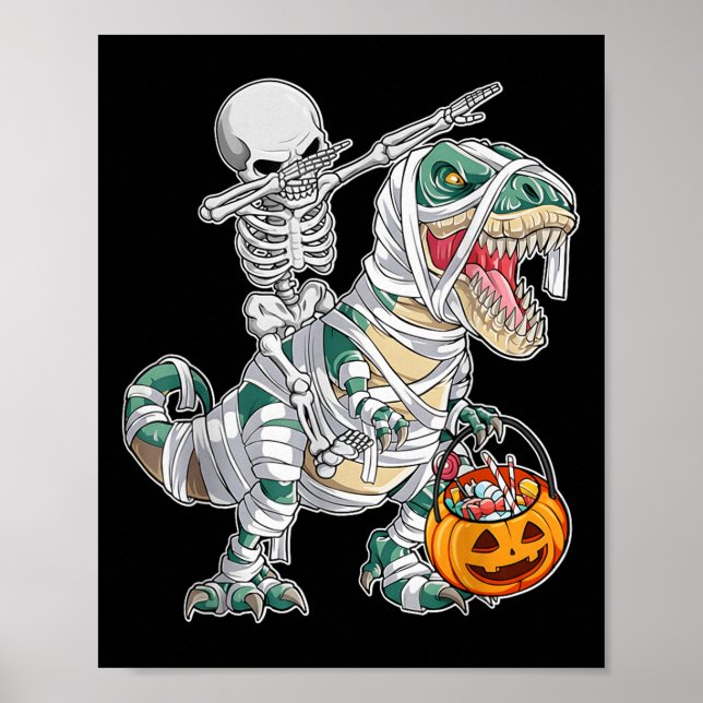 Poster Esqueleto Montando Dançando Dab Dinosaur Trex Dia  (Frente)