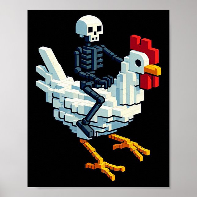 Poster Esqueleto Montando Frango Estilo Bloco Pixel Art G (Frente)