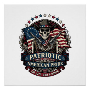 Póster Esqueleto Patriótico Cowboy Patriota Escuro Esquel