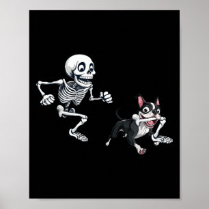 Poster Esqueleto perseguindo cachorro Boston Terrier Hall