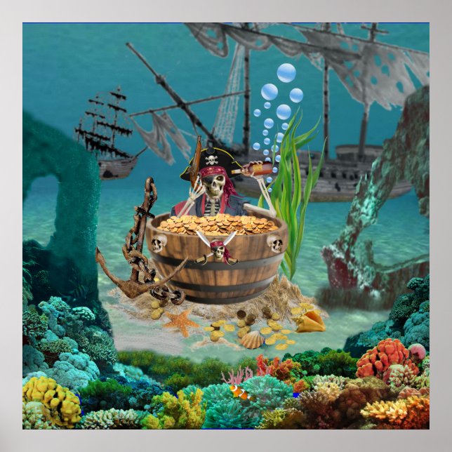 POSTER ESQUELETO PIRATA EM UM BARRIL (Frente)
