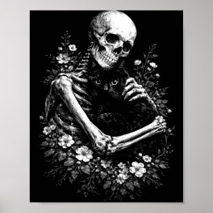 Poster Esqueleto retrô abraçando gato preto gótico Hallow