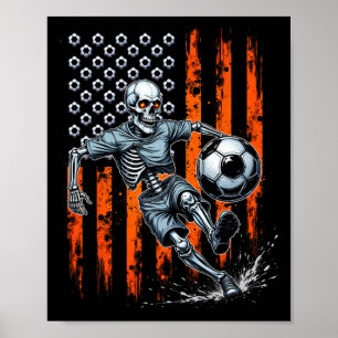 Poster Esqueleto Retro Jogando Futebol Bandeira dos EUA A