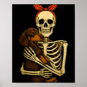Poster Esqueleto segurando cachorro dachshund Halloween p