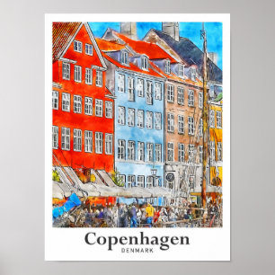 Poster Esquema de Viagem de Aquarela de Copenhagen na Din