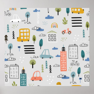 Poster Esquemas Urbanos: Crianças Vintage Cityscape