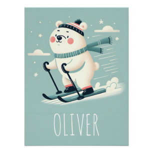 Póster Esqui Caprichoso Urso Polar Fofo Personalizado