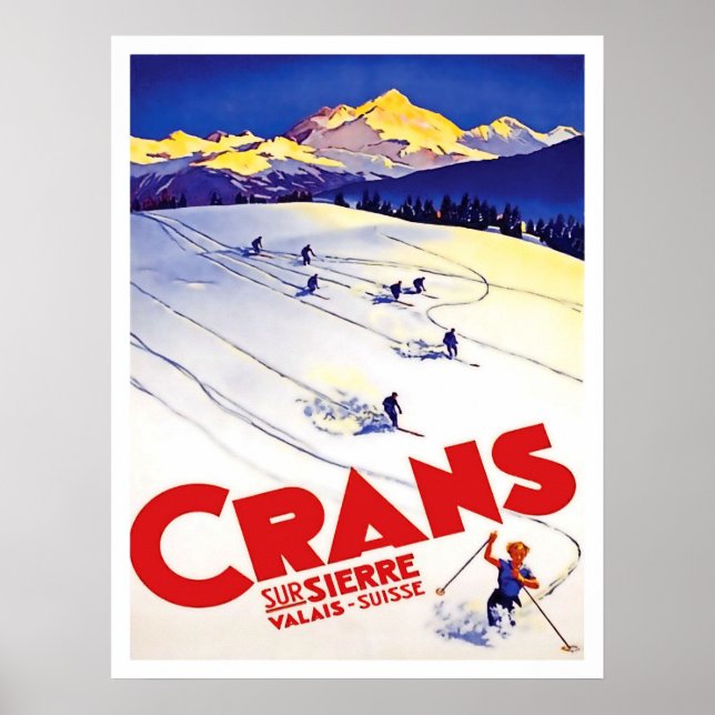 Poster Esqui em Crans Hill, Suiça, viagens vintage (Frente)