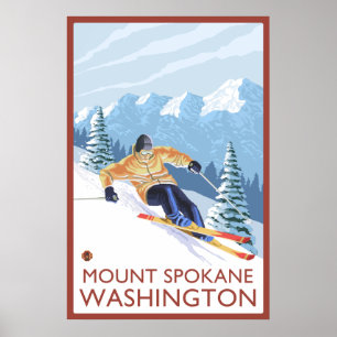 Poster Esquiador da neve de Downhhill - montagem Spokane,