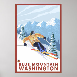 Póster Esquiador da neve de Downhhill - montanha azul,