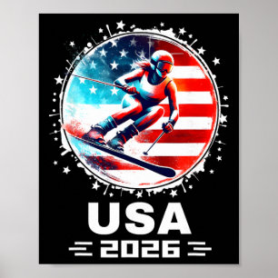 Poster Esquiadora Equipe Esqui EUA 2026 Esqui Bandeira Am