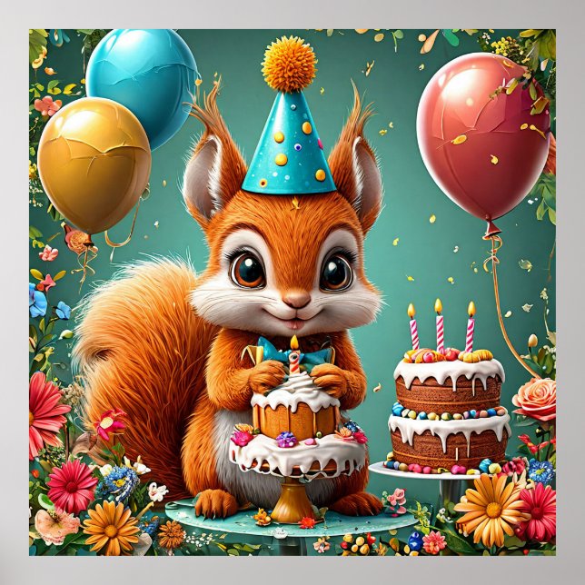 Poster Esquilo adorável comemorando aniversário (Frente)