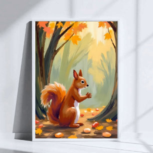 Poster Esquilo da Floresta Aquarela de Animal de Outono