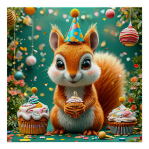 Póster Esquilo de Aniversário   Festa Adorável de Animais