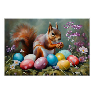 Póster Esquilo de felz pascoa com Ovos de Páscoa, Flores