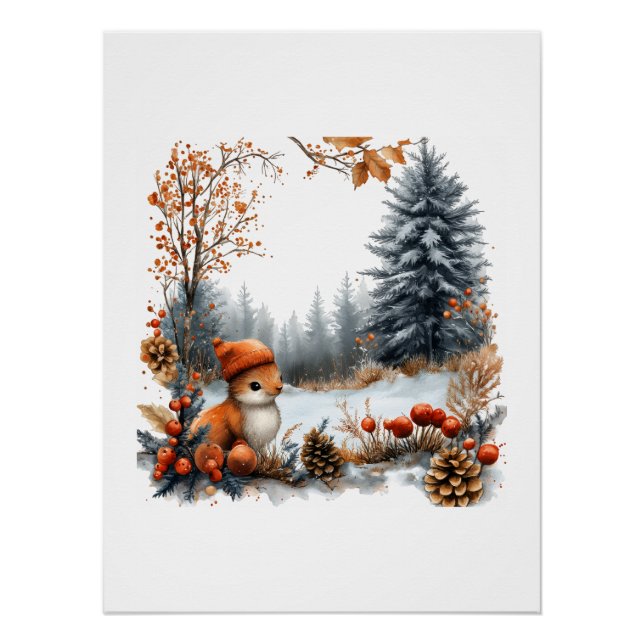 Póster Esquilo de Inverno na Floresta Geada (Frente)