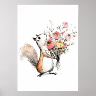 Poster Esquilo Fofo com Buquê de Flores
