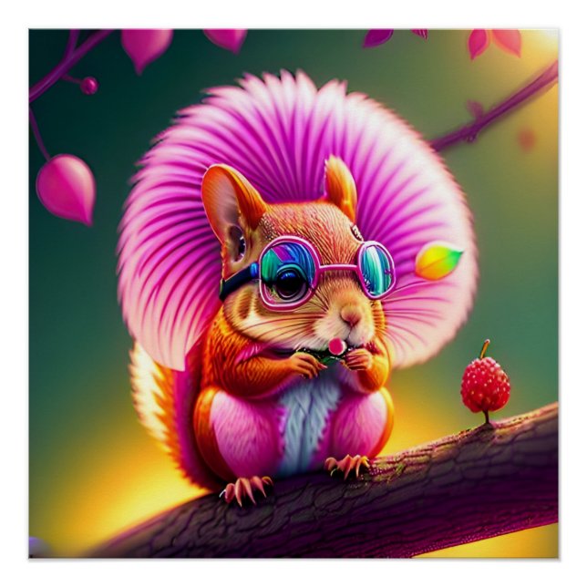 Póster Esquilo Rosa Na Ramificação (Frente)