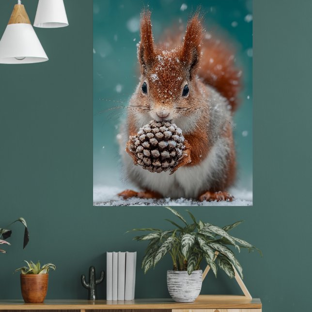 Poster Esquilo Vermelho Adorável na Neve com um Pinecone (Sala de Estar 1)