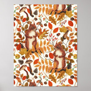 Poster Esquilos de outono e flora autóctone em branco