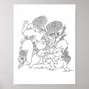 Poster Esquilos Flores de Animais Florestais Coloridos