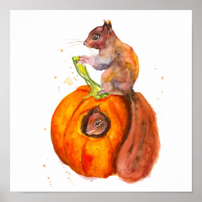 Poster Esquilos Pintados Com Uma Pumpkin Snack Autumn (Frente)