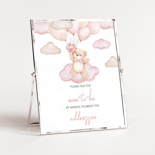 Poster Estação de Envelope BabyShower de Bebê Rosa Balão  (Pink Baby Bear Balloon Baby Shower Envelope Station Sign)