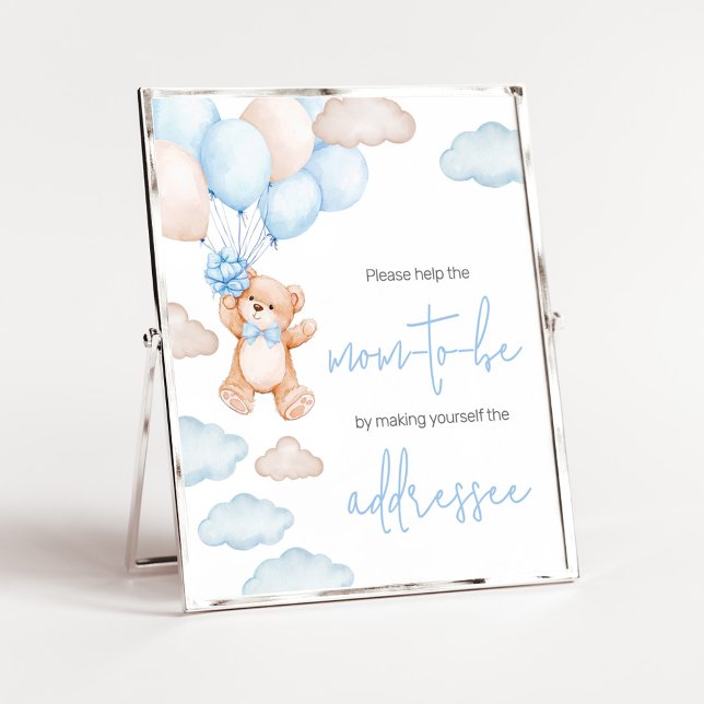 Poster Estação de Envelope Festa de Bebê Balão Urso Azul (Blue Baby Bear Balloon Baby Shower Envelope Station Sign)