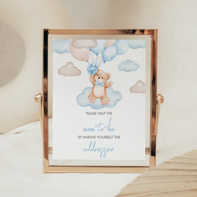 Poster Estação de Envelope Urso Bebê Balão Azul (Blue Bear Balloon Baby Shower Envelope Station Sign)