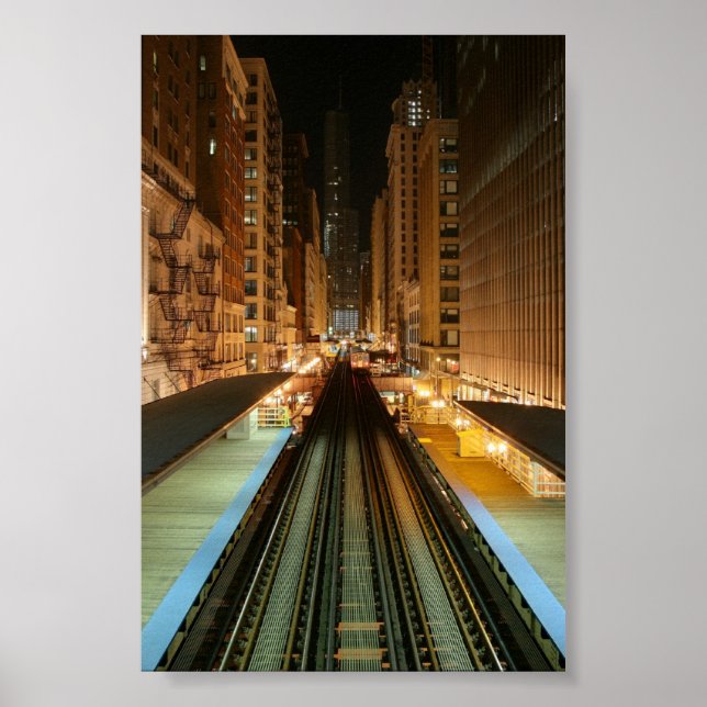 Póster Estação "L" de Chicago à noite (Frente)