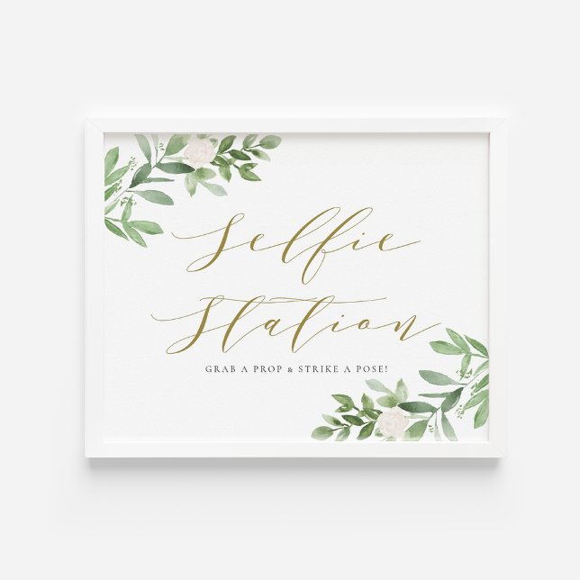 Poster Estação Selfie das Flores Brancas de Aquarela (Watercolor Greenery and White Flowers Selfie Station Wedding Sign)