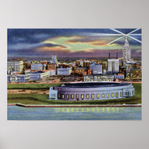 Poster Estádio e skyline de Cleveland Ohio na noite