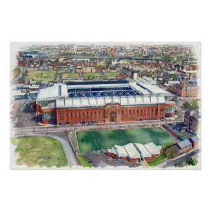Póster Estádio histórico Ibrox Glasgow Arte Aquarela
