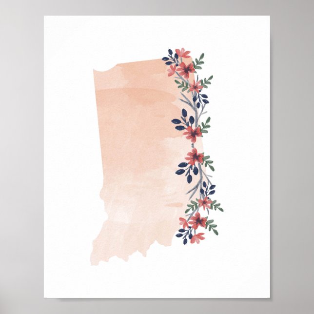 Poster Estado de Indiana Floral Watercolor (Frente)