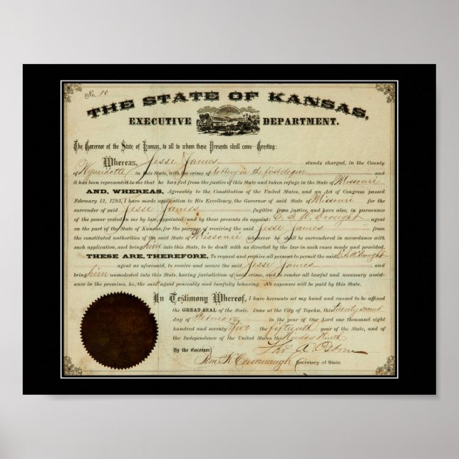 Poster Estado do Kansas 1875 Jesse James Exadition Order (Frente)